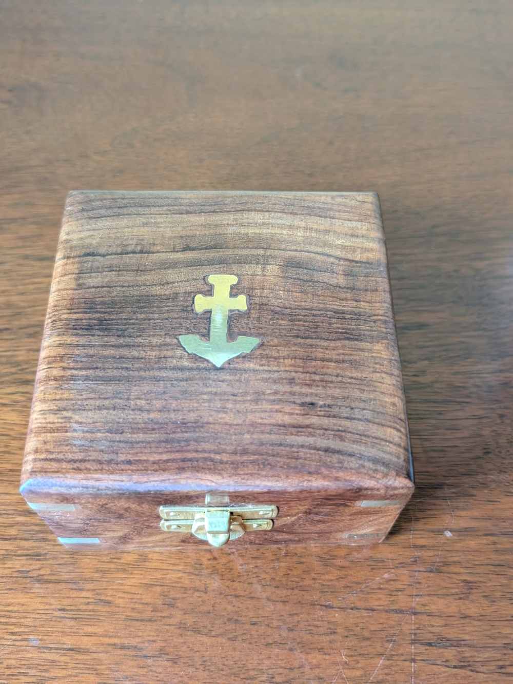 Nautical Wood Hinged Inlaid Brass Anchor Trinket Box Moby Dick Specialties 4x4